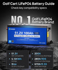 51.2V 100Ah Golf Cart Lithium-ion Battery with specs, featuring size details and discharge rates.