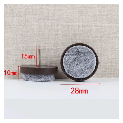 Adjustable Screw In Furniture Leg Levelers 24 Pack with 28mm rounded base and felt bottom for hardwood tile floor protection.