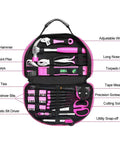 Pink 89 Piece Ladies Hand Tool Set With Easy Carry Round Pouch For Do It Yourself Home Maintenance And Dorm Room Repairs Girl Friendly Tool Kit For Everyday Projects open with tools displayed.