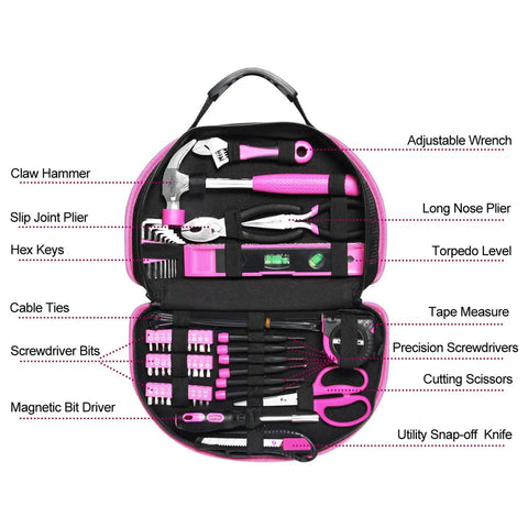 Pink 89 Piece Ladies Hand Tool Set With Easy Carry Round Pouch For Do It Yourself Home Maintenance And Dorm Room Repairs Girl Friendly Tool Kit For Everyday Projects open with tools displayed.