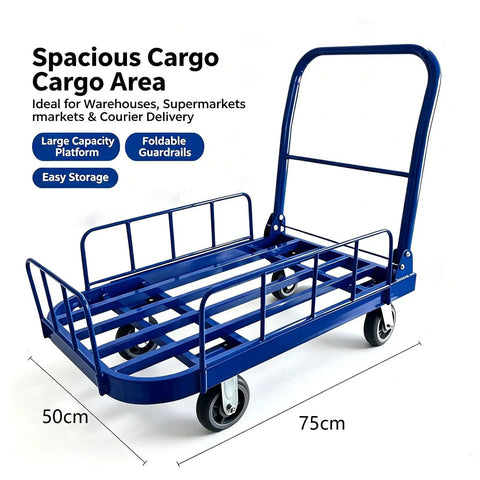 Beefy Heavy Duty Metal Platform Hand Truck With Surround Fence Foldable Push Cart And Silent Swivel Casters For Warehouse Grocery Garage Moving Dolly Cart Large Load Capacity Storage Trolley Blue, 75x50cm