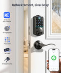 Slick Fingerprint Smart Lock With Premium Matte Black Double Lever Handle Set Offering Dead Simple App Control And Lightning Fast Auto Unlock For No Sweat Secure Entry Right At Your Front Door, shown on white door with smartphone access.