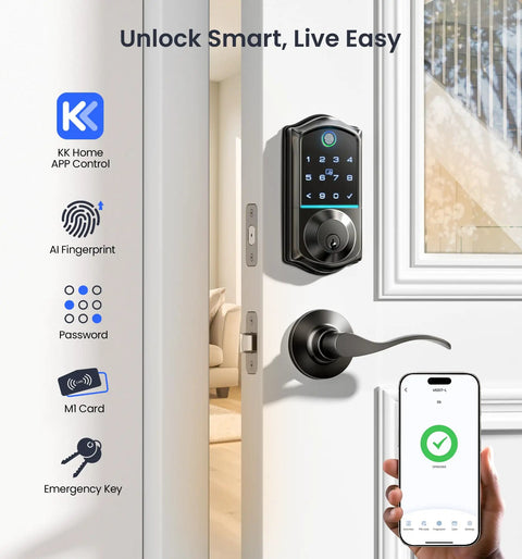Slick Fingerprint Smart Lock With Premium Matte Black Double Lever Handle Set Offering Dead Simple App Control And Lightning Fast Auto Unlock For No Sweat Secure Entry Right At Your Front Door, shown on white door with smartphone access.