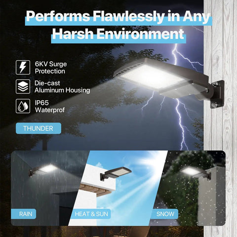 200W Parking Lot Light With 30,000 Lumens UL Listed 5000K Daylight Glow Adjustable Wall Mount in harsh weather conditions