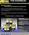 Promotional banner for DTA hub assemblies with product information and warranty details.