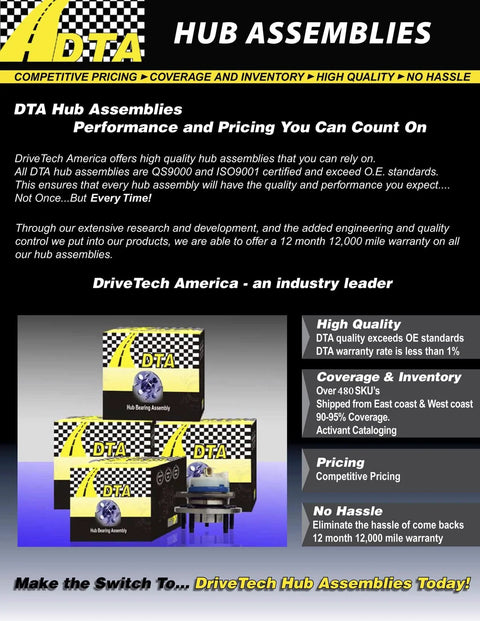 Promotional flyer for DTA hub assemblies highlighting quality, coverage, competitive pricing, and warranty details.