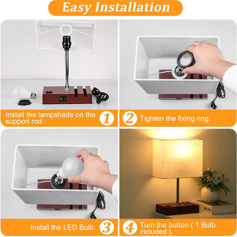 Step-by-step installation of Fully Dimmable Bedside Lamp With USB Charging Station And Built In Outlet Small Chill Wood Table Lamp With Phone Stand Nightstand Light For Bedroom And Living Room LED Bulb Included.