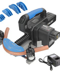 Rechargeable Electric Pipe Bender Kit For Copper Tubing Includes 2.0Ah Battery Hydraulic One Handed Design with blue bending guides and copper tube.