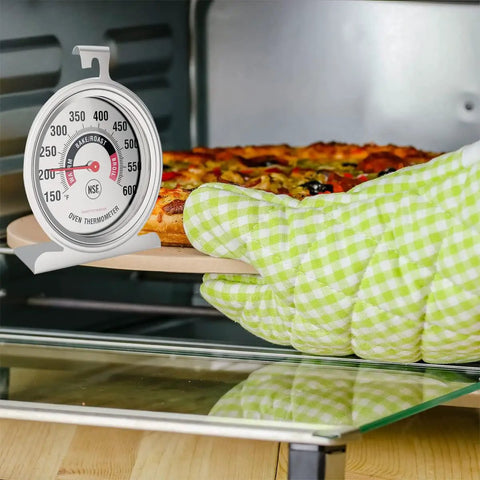 Big 3.5 Inch Oven Thermometer For Gas And Electric Ovens with a pizza baking inside the oven, checked for temperature accuracy.
