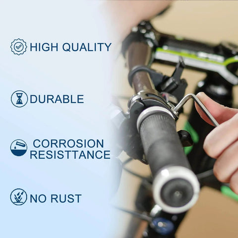 Image of a person adjusting hex screws on a bicycle handlebar with the text 'High Quality, Durable, Corrosion Resistance, No Rust.'