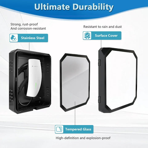 Outdoor Charger Station Cover Box For Tesla Gen 3 Wall Connector And Electric Vehicle Charge Point Weatherproof Cold Rolled Steel Enclosure Solid Gear Rig Handling Any Climate Straight Up Sweet, showcasing stainless steel box and tempered glass cover.