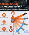 VEVOR manual lever chain hoist, 1.5-ton capacity, orange with metal chain and 360° rotating hook.