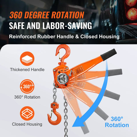 VEVOR manual lever chain hoist, 1.5-ton capacity, orange with metal chain and 360° rotating hook.