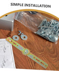 Installation kit for heavy-duty adjustable hinge with screws and washers on a wooden surface.