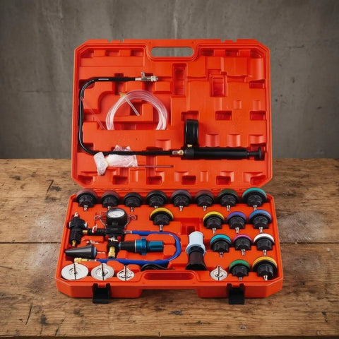 Complete Etyldya Cooling System Tester Set With Radiator Pressure Test Kit Gauge And Coolant Filling Pump Adapter. Essential 34-Piece Auto Care Tool For Home Garage Mechanics And Professional Service Stations. Durable Nylon Design Ensures Long-Lasting