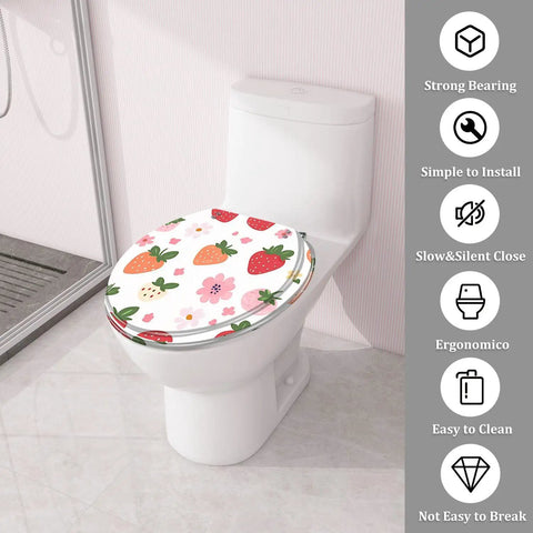 Generic Round Resin Toilet Seat for Bathroom with floral strawberry design on white background, fitting most standard toilets.