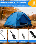 Heavy Duty Ice Anchor Tool Kit With Drill Adapter And Head Includes Four Tent Stakes Rope Hangers And Easy Setup For Ice Fishing Shelter Shanty And Outdoor Tents with blue tent.