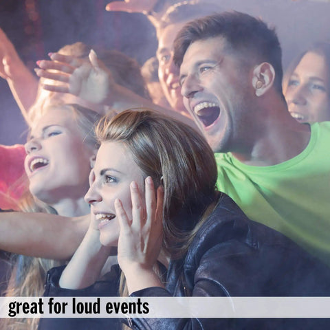 People at a loud concert protecting ears, ideal use for ThermaFit Soft Foam Earplugs, 40 Pairs For Sleep, Snoring, Work, Travel And Loud Events