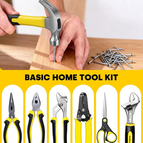 Must Have All In One Home Tool Kit With Toolbox Storage Case For DIY Home Repairs And Auto Maintenance Includes a hammer, pliers, wrench, and more