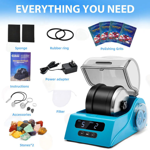 All In One Rock Polisher Kit With Noise Reducing Cover Variable Speed And Timer Includes Four Polishing Grits and gemstones