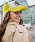 Woman wearing Yellow Breathable Trucker Hat For Men, Dope Athletic Cap Built For Sports And Outdoor Adventures