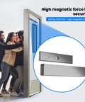 Built Tough 600 Pound Electromagnetic Door Lock With Integrated Power Box And Two Wireless Remotes For Outswinging Doors with people leaning on door.
