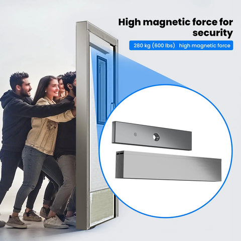 Built Tough 600 Pound Electromagnetic Door Lock With Integrated Power Box And Two Wireless Remotes For Outswinging Doors with people leaning on door.