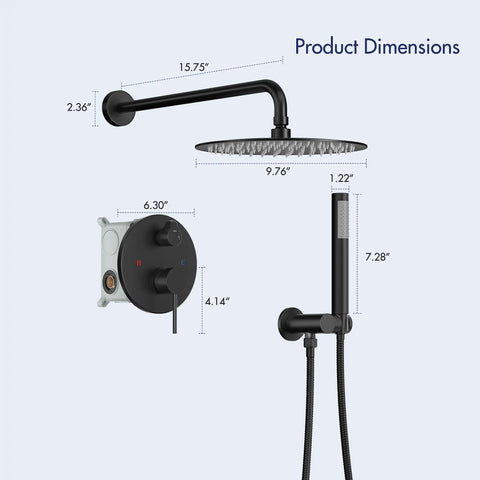 Dimensions of 10 Inch Matte Black Round Rain Shower Set With Wall Mounted Rainfall Head And Handle Trim Kit, 2-Function Shower Fixtures