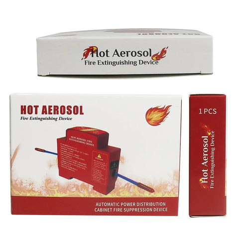 Automatic Fire Extinguisher With Dual Line Din Rail Mount And Smart Heat Sensor Quits Electrical Panel Flames Cold Using Clean Non Toxic Aerosol Tech For Home Meter Boxes And Breaker Cabinets packaging with device and description.