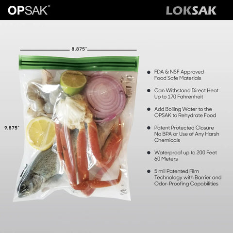 Odorproof Dry Bags For Backpacking And Camping Storage, Reusable Resealable 9x10 Inch Two Pack with food items inside