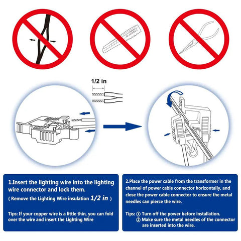 Installation instructions for No-Fuss Install Low Voltage Landscape Lighting Wire Connectors 12-18 Gauge UL Listed Waterproof Cable Splice