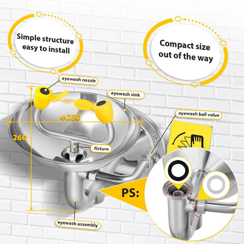 Go To Wall Mounted Eye Wash Station With Eyewash Sign For Emergency Eye And Face Washing In Commercial Settings Stainless Steel 304 Construction NPT Thread Plumbing Connection, showing labeled components and dimensions in 304 stainless steel