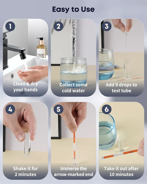 No Sweat Lead Water Test Kit with step-by-step instructions for water testing, featuring hands and test tubes.