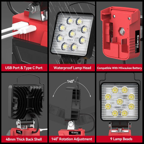 Led Work Light For 18V Lithium Battery Tools 54W 5400Lm Cordless Flood Light With USB Type C Charging Port details