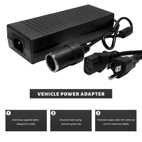 Heavy Duty AC To DC Converter 12V 10A Power Adapter With Thick Cords For Tire Inflators And Mini Fridges close up view showing connectors and design.