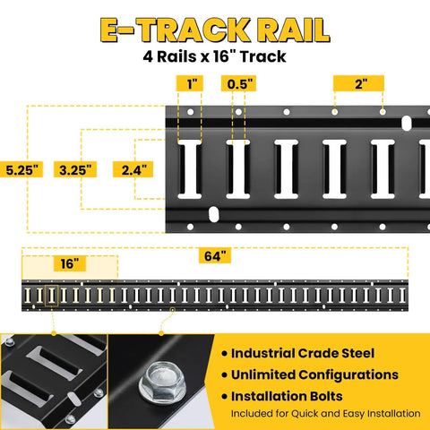 E Track Tie Down Rail Kit 31 Piece Set With Complete Heavy Duty Trailer Rig Hardware includes four 16 inch rails and installation details.
