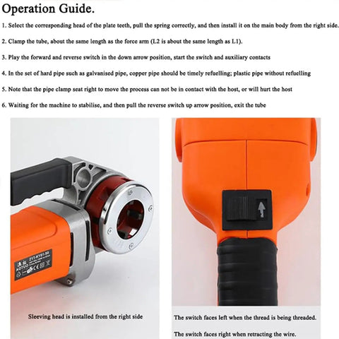Heavy Duty Handheld Electric Pipe Threader With Beefy 2300 Watt Motor showing operation details and switch positions.