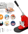 DIY Button Maker Kit 32mm Badge Press Machine with 1000 button blanks, circle cutter, and colorful sample badges for custom pins.