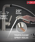 Straight Up Premium Brushed Nickel Kitchen Faucet With Sleek Pull Out Sprayer Single Handle Layout Easy Peasy One Hole Install Includes Deck Plate Built Tough Finish showing 360° swivel with a 20" hose and Touch-Clean® spray holes.