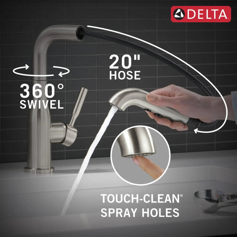 Straight Up Premium Brushed Nickel Kitchen Faucet With Sleek Pull Out Sprayer Single Handle Layout Easy Peasy One Hole Install Includes Deck Plate Built Tough Finish showing 360° swivel with a 20" hose and Touch-Clean® spray holes.