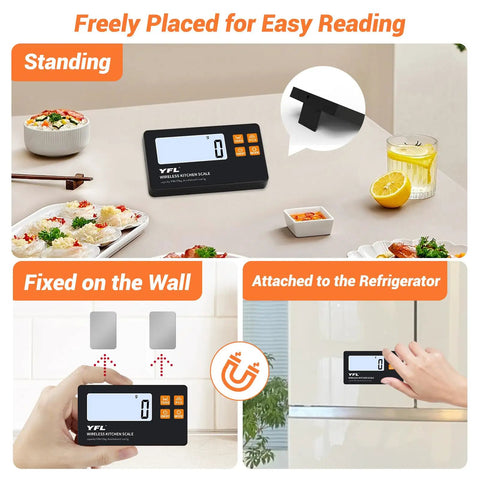 Wireless Kitchen Scale With Detachable Remote Display shown standing, wall-mounted, and attached to a refrigerator