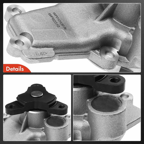 Engine Water Pump Replacement For Dodge Grand Caravan 2008-2010, Volkswagen Routan 2009-2010, And Chrysler Town And Country 2008-2010 V6 3.3L 3.8L With Gasket Included, Direct Fit, Plug And Play, Durable Replacement For Reliable Coolant Circulation, showing detailed views of aluminum housing and fittings.