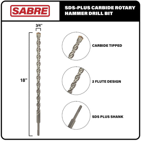 Heavy Duty Three Quarter Inch SDS Plus Rotary Hammer Drill Bit Carbide Tipped For Brick Stone And Concrete Eighteen Inch Length