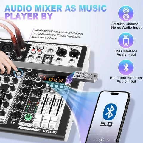 4 Channel Karaoke DJ Mixer With Bluetooth USB Audio Interface 16 Bit DSP Effects Plus 48V Phantom Power, close-up of controls.
