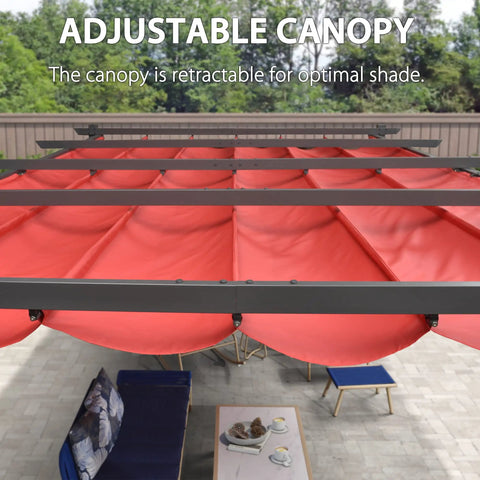 Aluminum Patio Pergola With Smooth Retractable Canopy 12 By 16 Feet showing adjustable red canopy for outdoor shade.