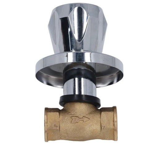Heavy Duty Brass Water Valve 1/2 Inch Female Npt Thread Fitting Top Shelf Construction For No Sweat Diy Plumbing Jobs With High Pressure Rating And Drip Free Seals, chrome top view.