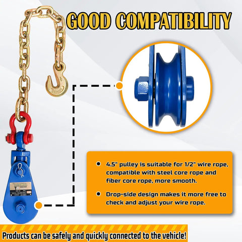 Upgraded Snatch Block With Chain Four Ton WLL Built Tough Heavy Duty Pulley For One Half Inch Wire Ropes Towing And Recovery Rollback Wrecker Car Carrier Tow Truck Accessories, blue snatch block with chain
