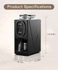 Fully Automatic Programmable Coffee Maker With Built In Grinder And Timer, Hot And Cold Brew Machine, 16.54in tall compact black design.