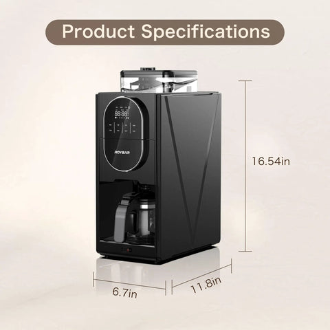 Fully Automatic Programmable Coffee Maker With Built In Grinder And Timer, Hot And Cold Brew Machine, 16.54in tall compact black design.