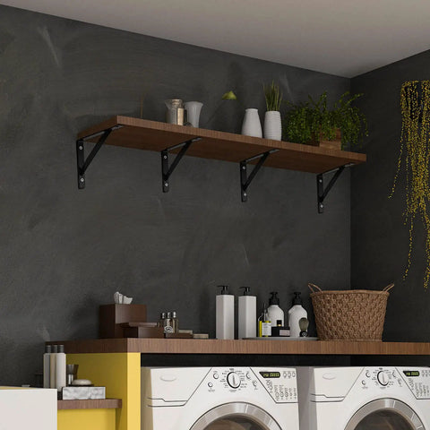 40 Pack Heavy Duty Shelf Brackets Built Tough Bulk Metal Floating Shelving Support Wall Mounted 90 Degree L Brackets For Garage With Hardware Black 8 Inch supporting a wooden shelf in laundry room.